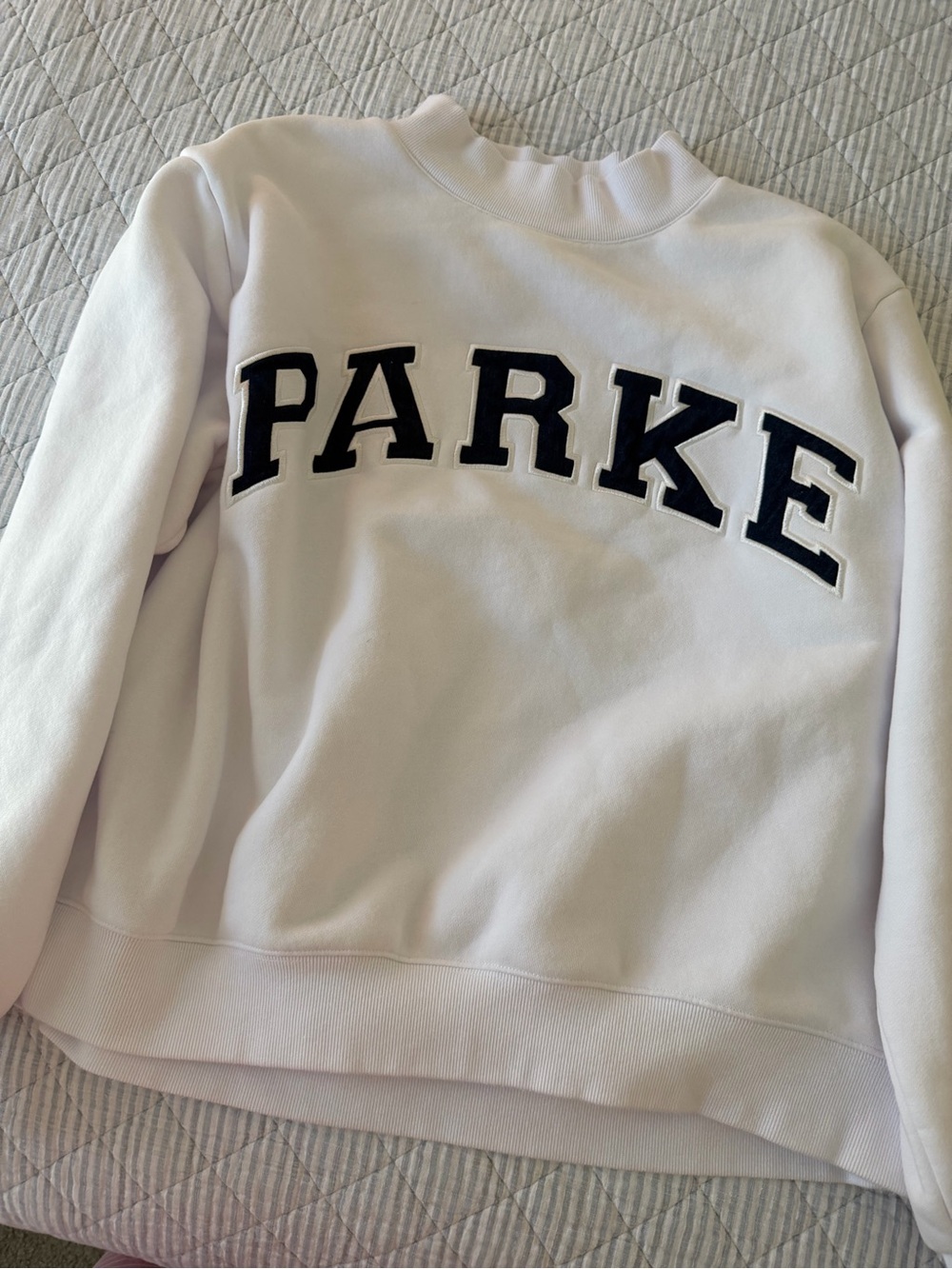 Parker White Crewneck Sweatshirt with Black Appliqué Letters